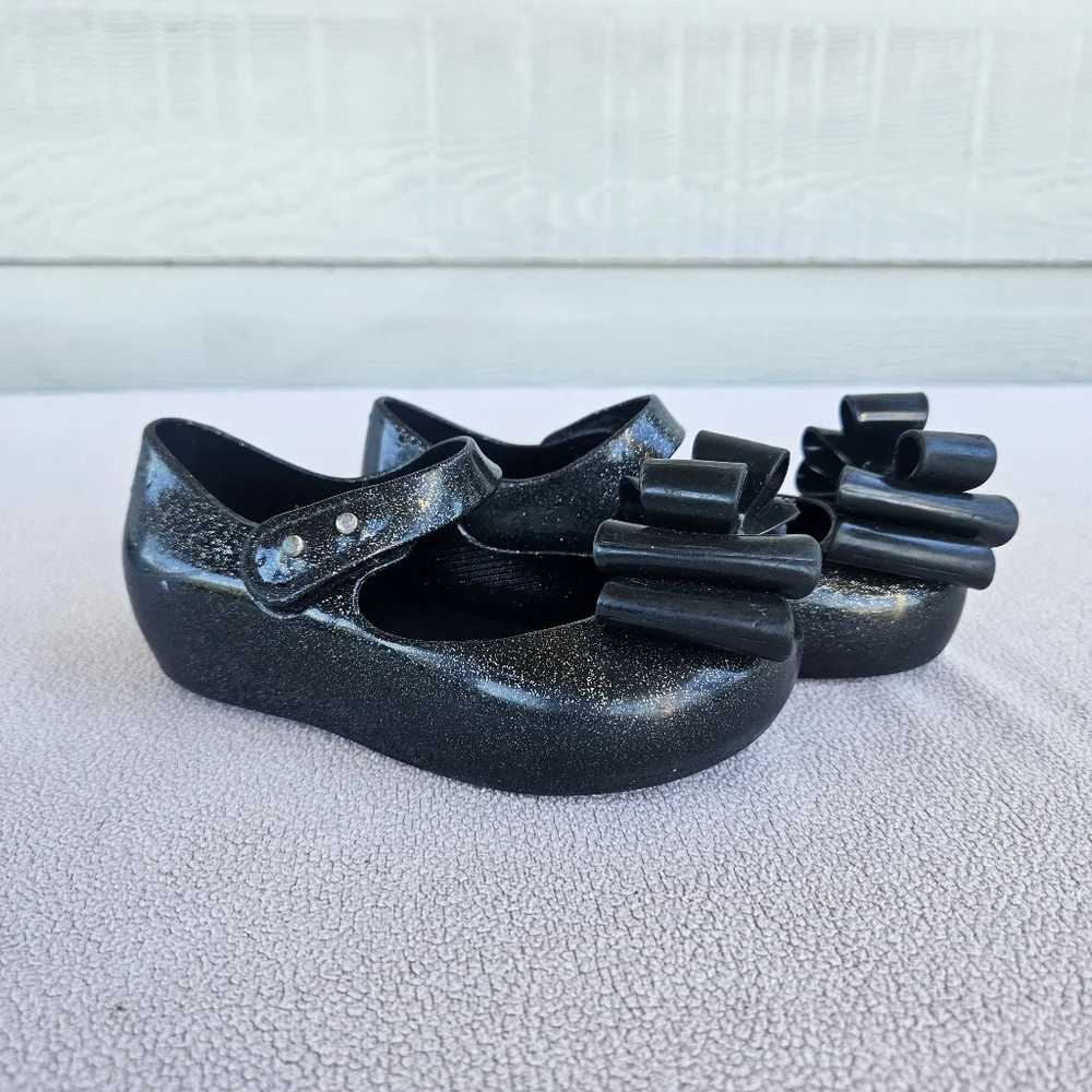 Mini Melissa Ultragirl Black Sparkle Bow Mary Jane Jelly Flats SZ 8 Hook & Loop